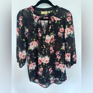 Princess Vera Wang Sheer Floral Blouse Womens M Black Pink Boho 3/4 Sleeve